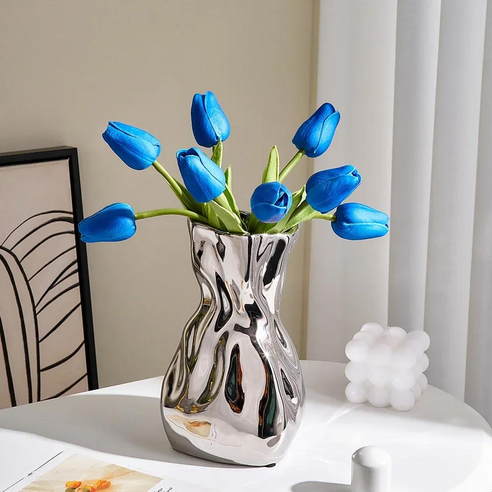 Light Luxury Irregular Ceramic Flower Vase Living Room Decor Office Bookshelf Ornaments Flower Arrangement Vases Indoor Artwork