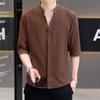 Herren Braunes Leinenmischung Henley-Shirt 3/4-Ärmel Lockerer Schnitt Lässiges Sommeroberteil