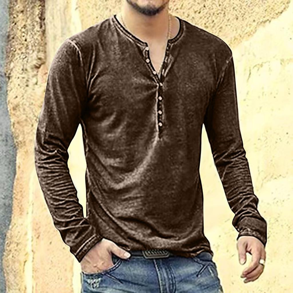 Men's Solid Color Long Sleeve Button Collar Long Sleeve T-Shirt Men's Casual Fashion Top