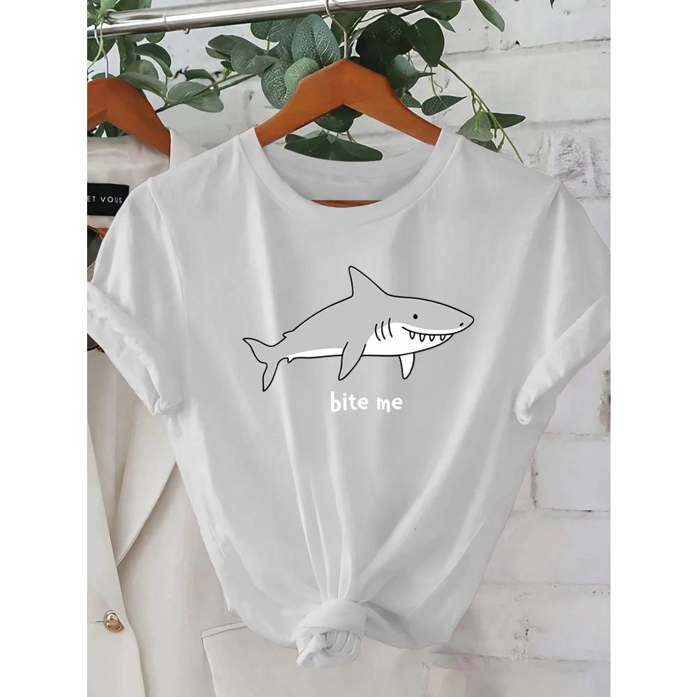 WoUnisex Pink Graphic TShirt Bite Me Shark Design Crew Neck Sleeve Perfect for Summer Outings Casual Attire Aesthetic Clothes