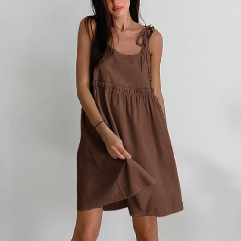 Sommer Khaki Leinen Kleid Frauen Elegante Spaghetti Strap A-Line Lose Kleider Mode Geraffte Spitze-Up Sexy Mini Kleider L braun