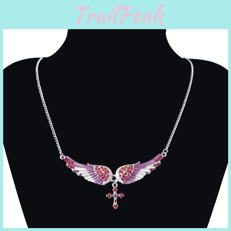 Diamond Simulated Decorated Angel Wing Cross Pendant Necklace For Ladies