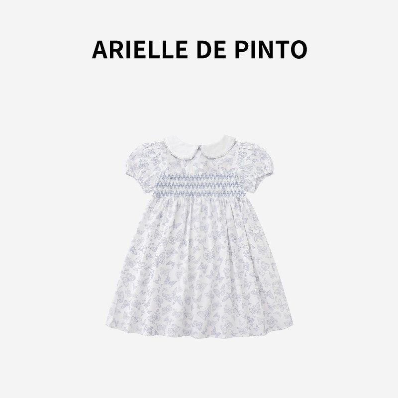 French Arielle De Pinto Girls  Summer Dress with Butterfly Print and French-Style Puff Sleeves Butterfly Print Dress 90