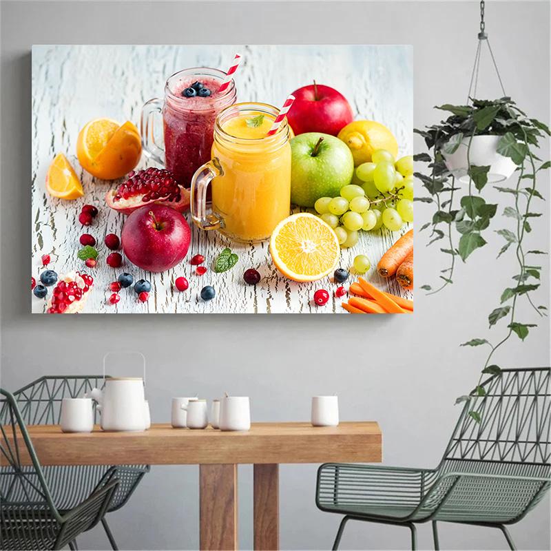 Healthy Food Kitchen Poster Canvas Painting Cocktails Smoothies Apple Orange Grapes Pictures Wall Art For Home Restaurant Decor
