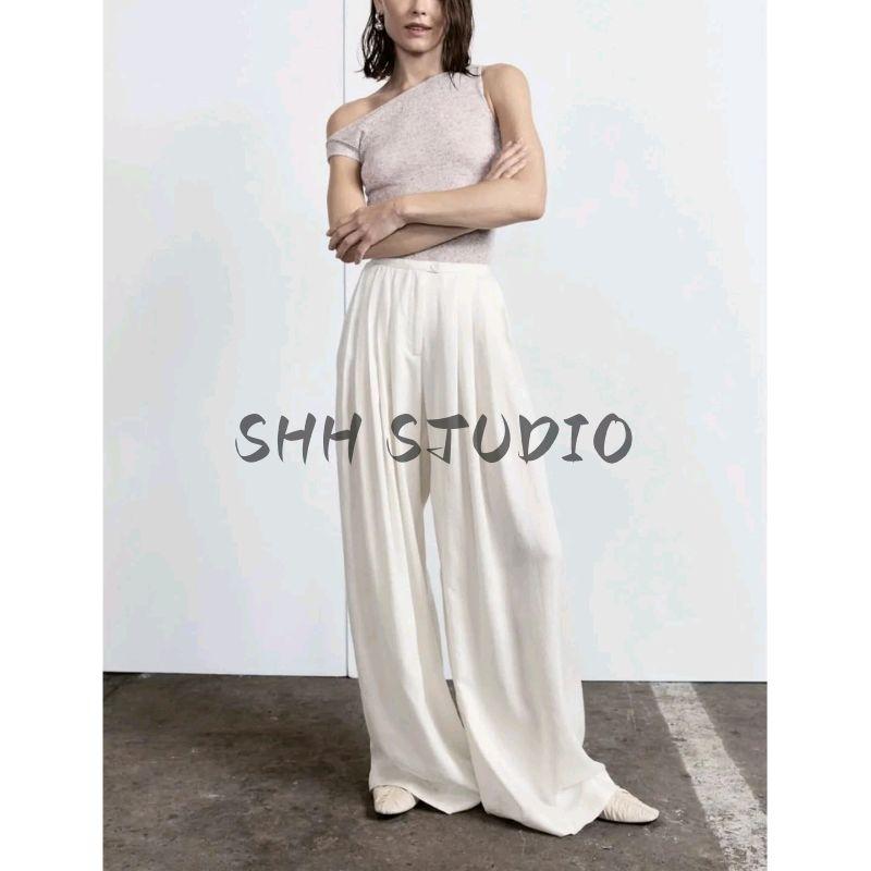 Autumn New Women clothes French style Simple Design Drape Mid-High Waist Loose Casual Long Wide-Leg Pants