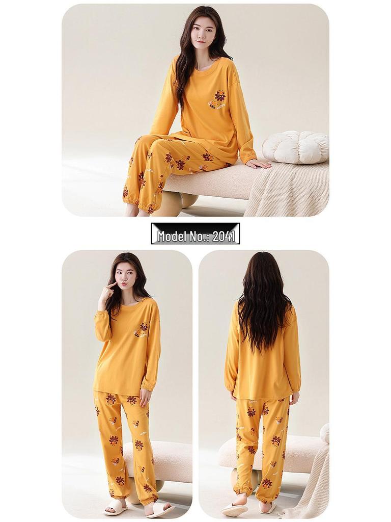 Women's Korean-Style Pure Cotton Printed Long Sleeve Pajama Set for Autumn/Spring