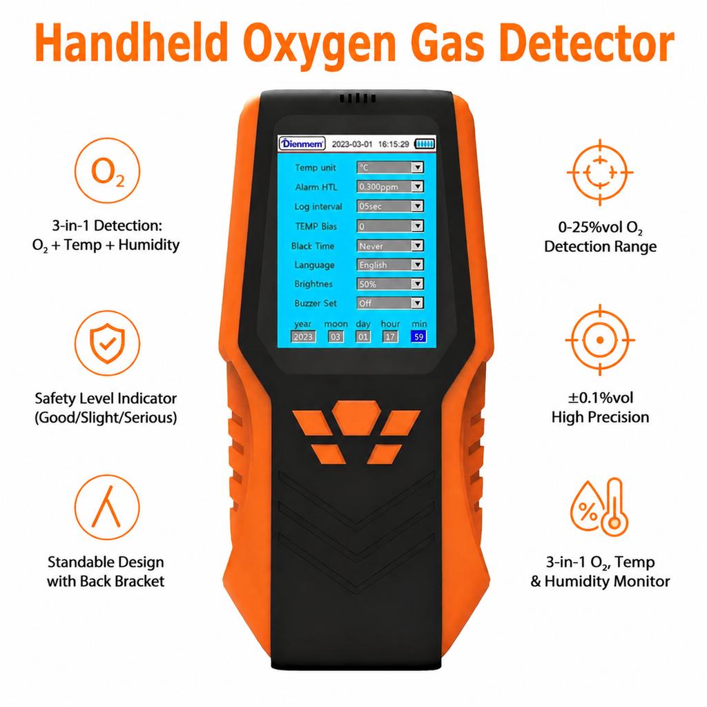 Portable Handheld O2 Detector, 0-30%Vol Oxygen Gas Monitor with 1.5s Fast Response, Temp & Humidity Tester 14H Long Working Suitable for Home Camping