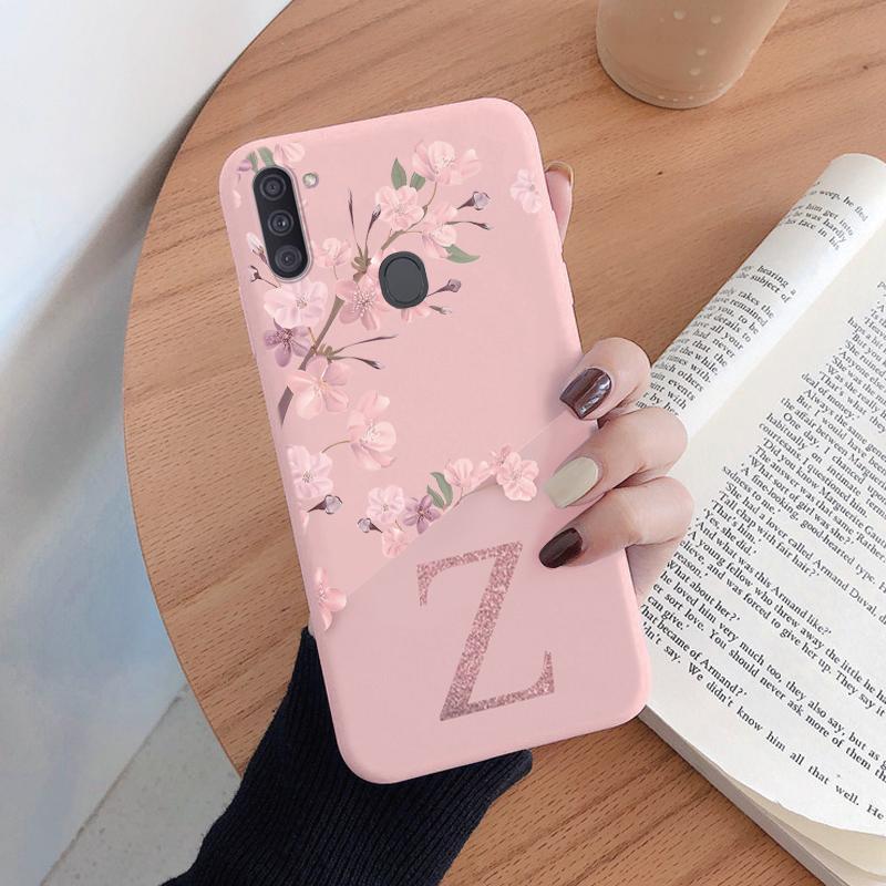 Pink Flower Case For Samsung Galaxy A11 M11 Phone Cover Soft Silicone Initial Letter Fashion Shell Coque For Samsung A 11 Fundas