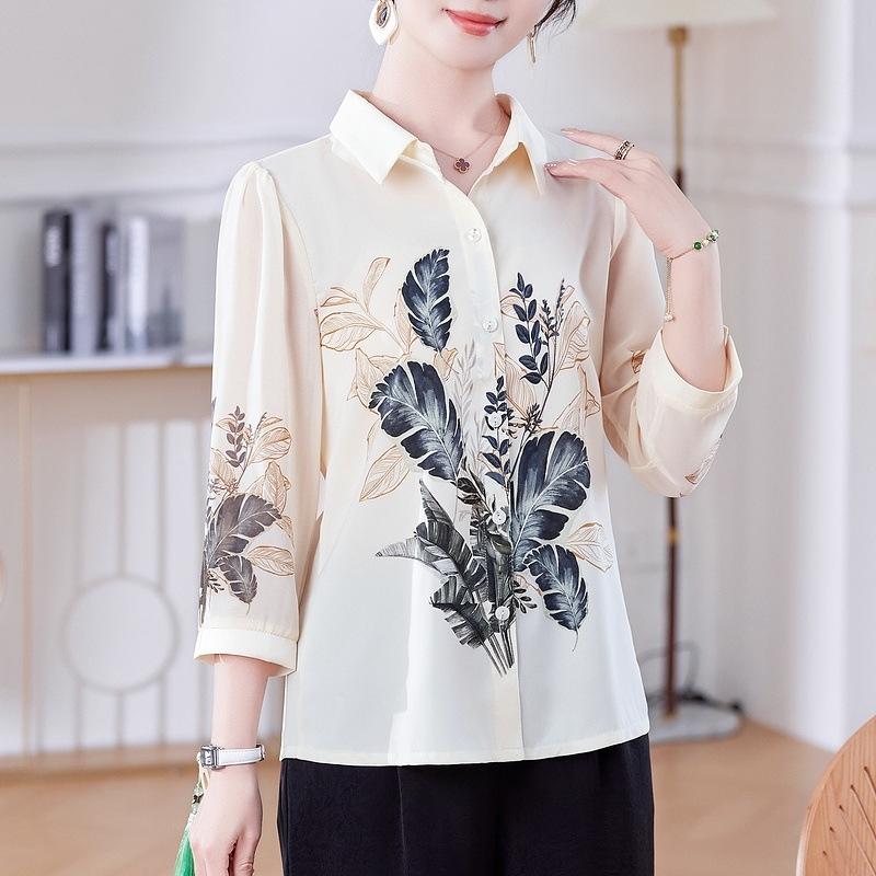 

Летняя шифоновая рубашка: Универсальная блузка с рукавом три четверти для женщин среднего и пожилого возраста 2XL (110-125 jin) бежевый