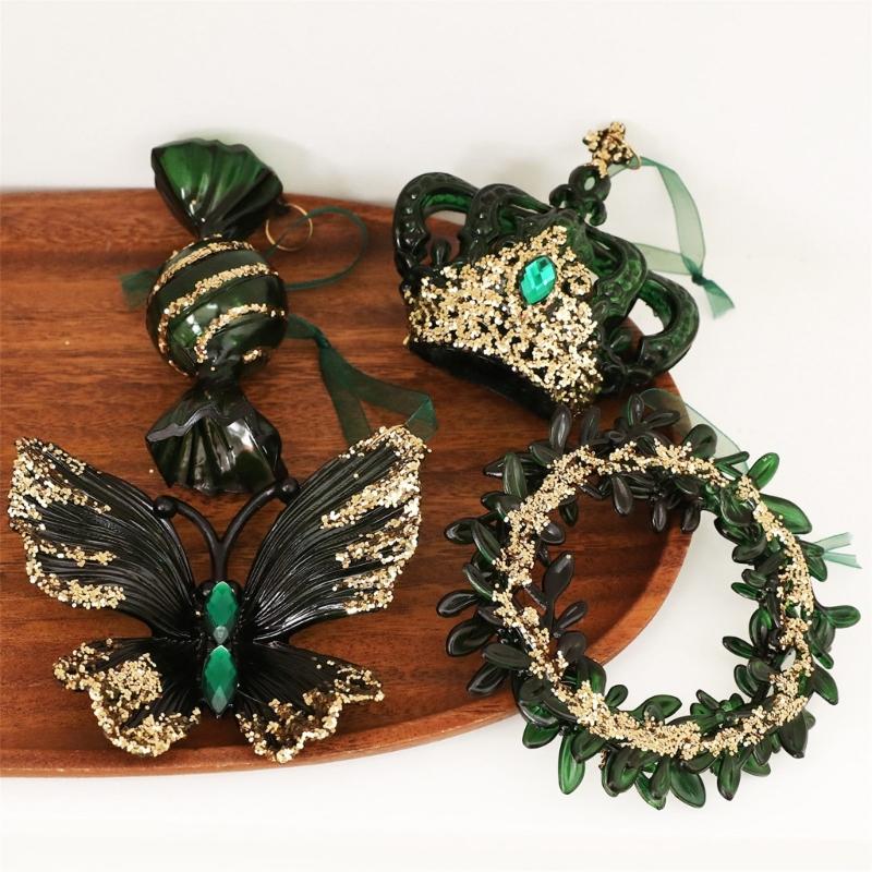 Green and Gold Hanging Christmas Decorations with Varied Holiday Motifs, Frosted Finish, and Integrated Ribbons for Seasonal Arrangements