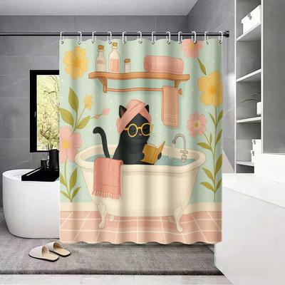 1Pc Cute Cat Take Shower Printed Shower Curtain, Funny Style, Waterproof, With 12 Hooks, Bathroom Showers, Bathtub, Home Use