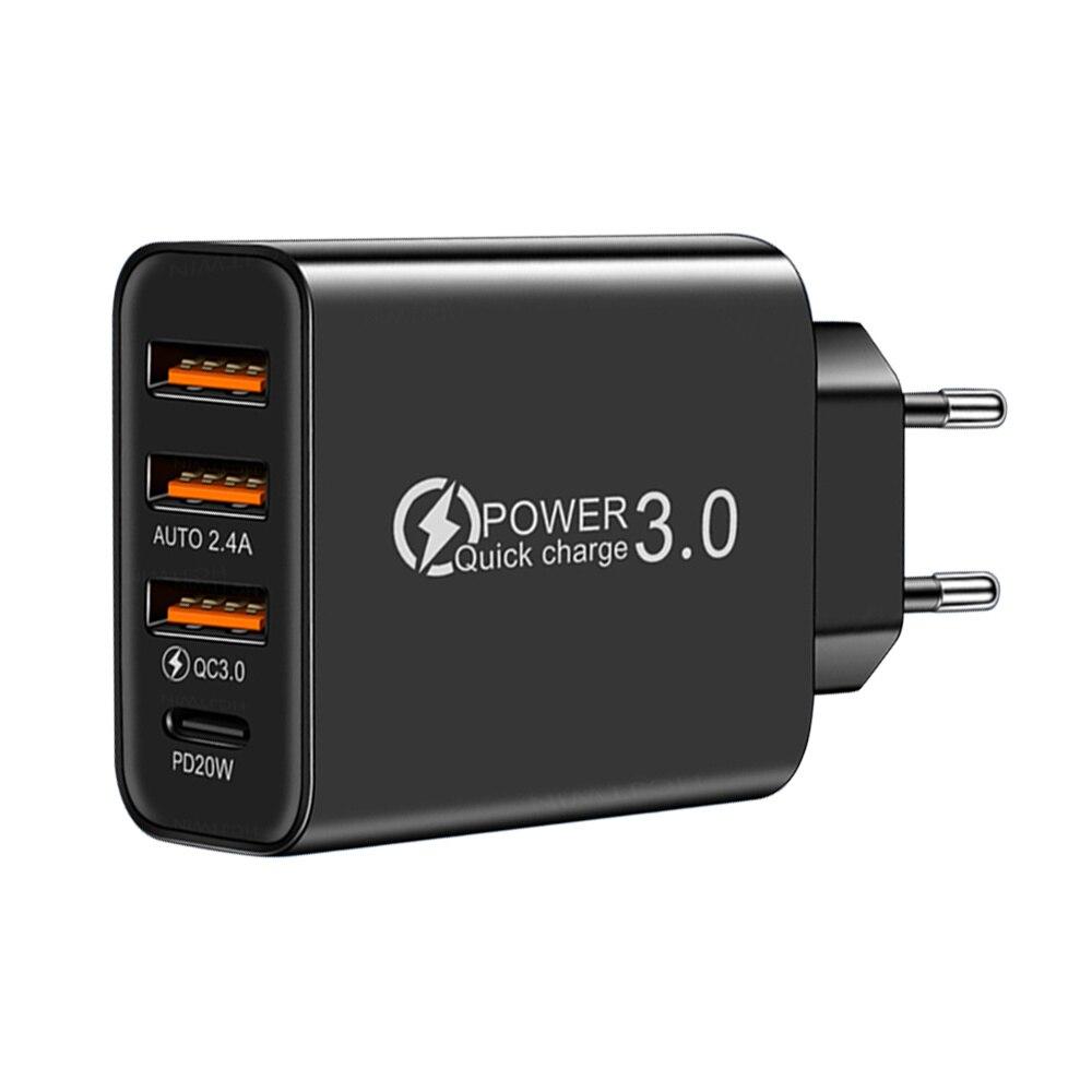 

Type C USB Charger 4 Ports 3.0 PD Cell Mobile Phone Power Adapter For iPhone Samsung Xiaomi Black EU