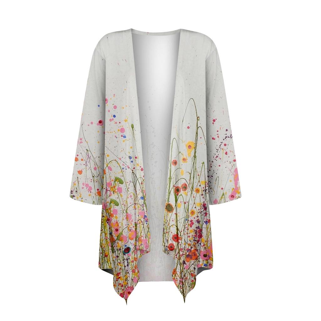 Women's Gradient Print Irregular Three-quarter Sleeve Cardigan With Pocket Jacket