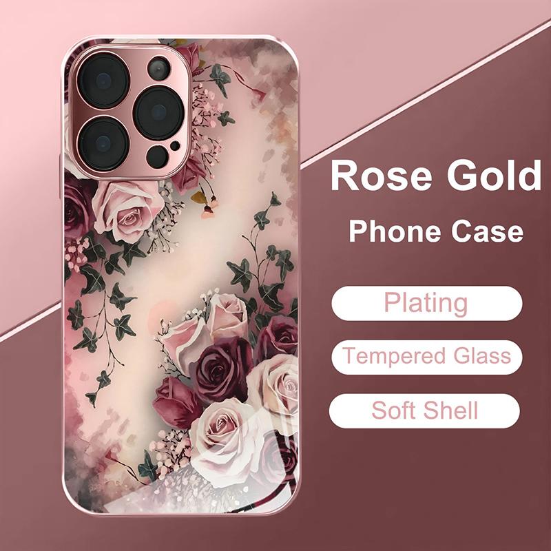 Luxury Rose Pattern Pink Metallic Tempered Glass Phone Case For iPhone 17 16 15 14 13 12 11 Pro Max 15 Plus 17 Air 16E Cover