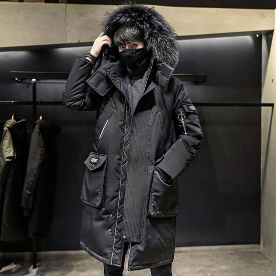 Men Down Jacket Fur Collar Hooded Long Sleeve Solid Color Winter Coat Zipper Placket