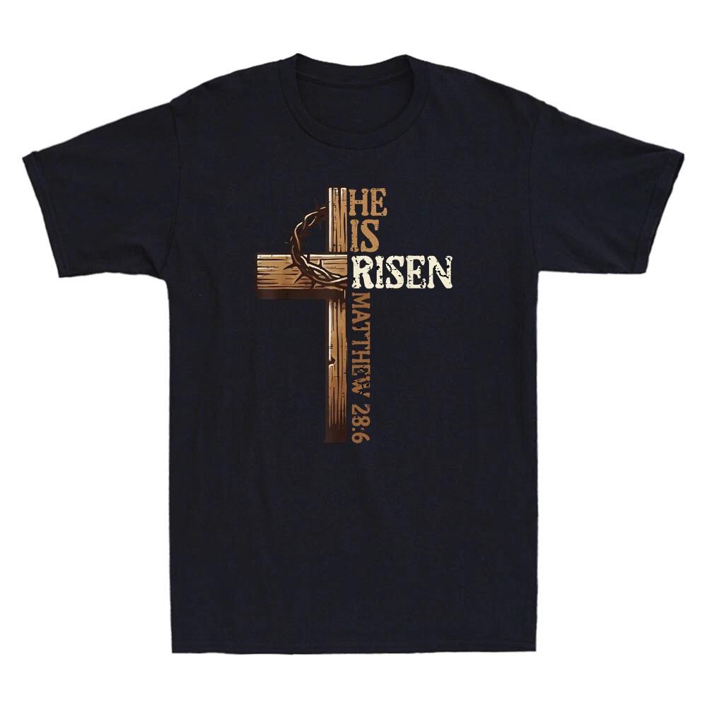Easter Cross He Is Risen Matthew 28:6 Funny Jesus Christian Gift Men s T-Shirt S