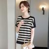 Stylish Summer Knit Striped Short-Sleeve T-shirt for Mom - Loose Fit, Round Neck, Ice Silk, Middle-Aged & Elderly Women
