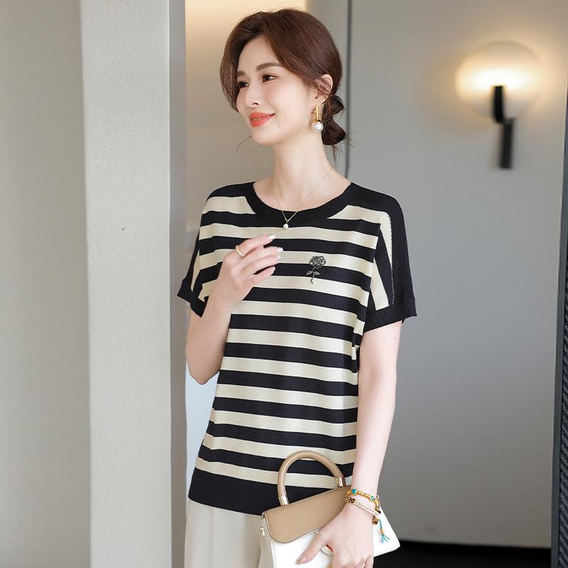Stylish Summer Knit Striped Short-Sleeve T-shirt for Mom - Loose Fit, Round Neck, Ice Silk, Middle-Aged & Elderly Women
