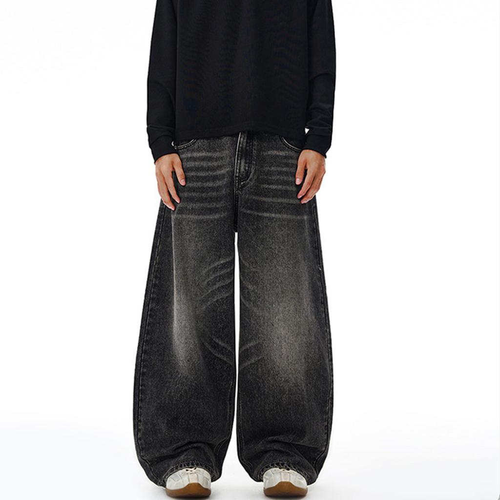 Men's Loose Fit Curved Leg Jeans, Denim Pants with Whiskering for Spring and Fall