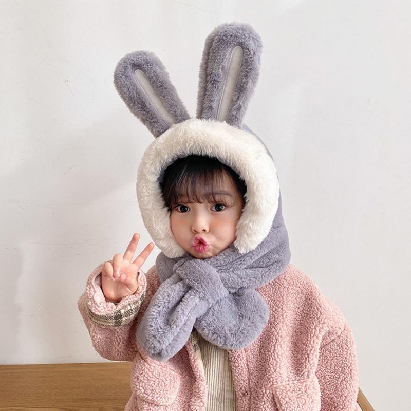 Kids Winter Hat Warm Plush Scarf Hats Thick Earflap Hooded Caps with Rabbit Ears Decoration for Boys Girls Ages 3-8