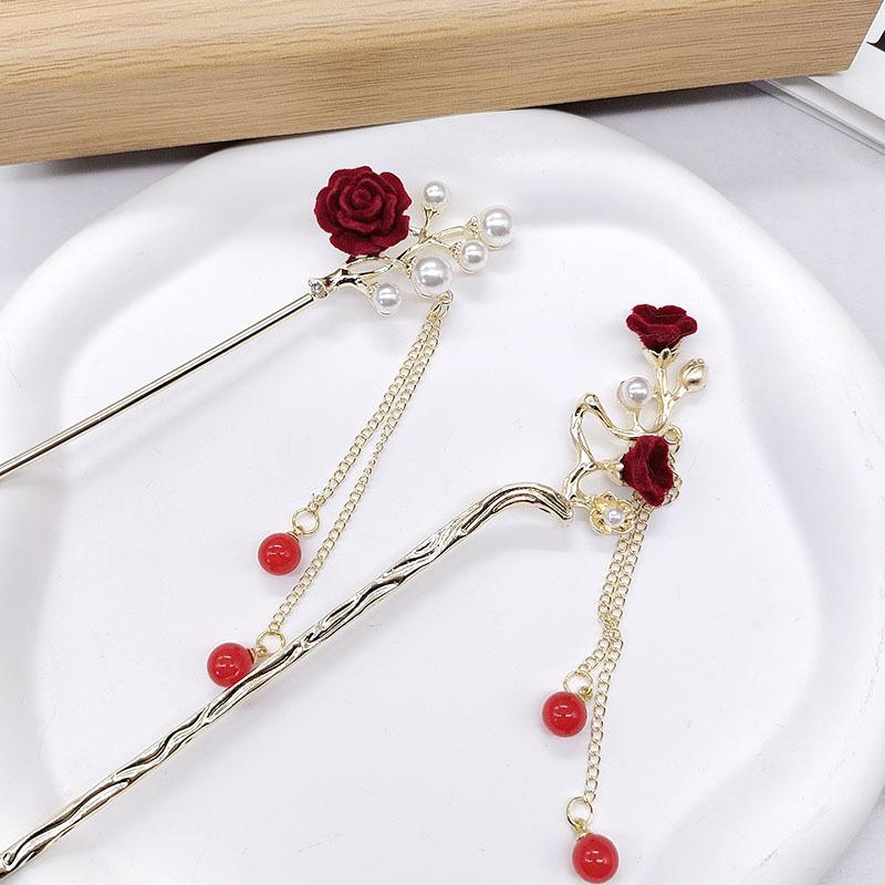 New Chinese Style Red Rose Fringe Hairpin Vintage Rose Hair Sticks Hairwear For Women Hair Fork Disk Hair Chopsticks Headdress