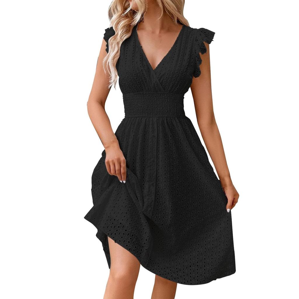 Vestidos Casuales de Encaje Hueco con Escote en V de Color de Longitud Media para Mujer
