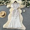 Light luxury celebrity heavy industry diamond round neck short-sleeved lace dress women's high-end slim and thin fishtail dress long dress
