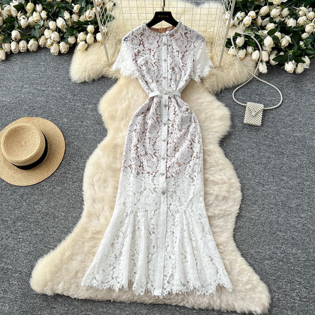 Light luxury celebrity heavy industry diamond round neck short-sleeved lace dress women's high-end slim and thin fishtail dress long dress