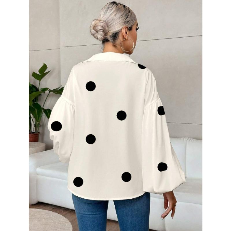 DAFIFY Mote Casual Vår Høst Polkadotter Trykk Langermet POLO Hals Bluser & Skjorter for Kvinner