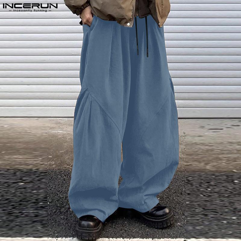 INCERUN Men Elastic Waist Pants Casual Wide Legs Pants Long Trousers