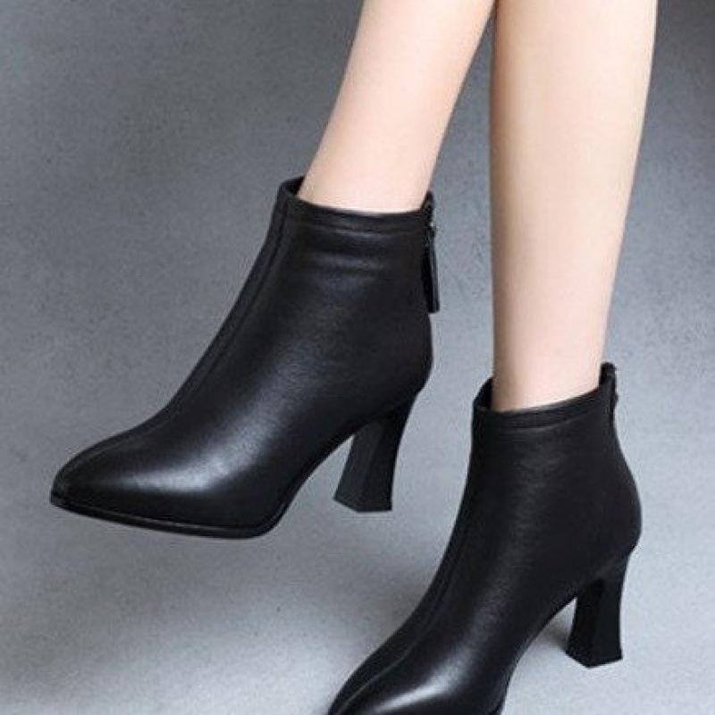 Spring, autumn and winter new soft leather high heels velvet Martin boots factory women's shoes temperament thick heel short boots single boots
