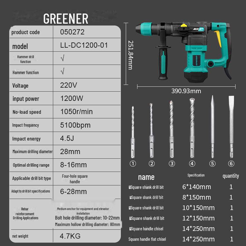 Green Forest Multi-function High-power Electric Hammer Drill for Concrete