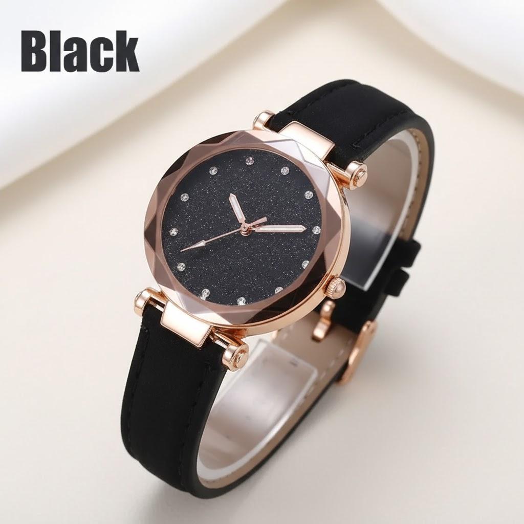 

Womens Leather Strap Watch Frosted Dial Diamond Starry Golden Border Analog Quartz Multicolor Options чёрный