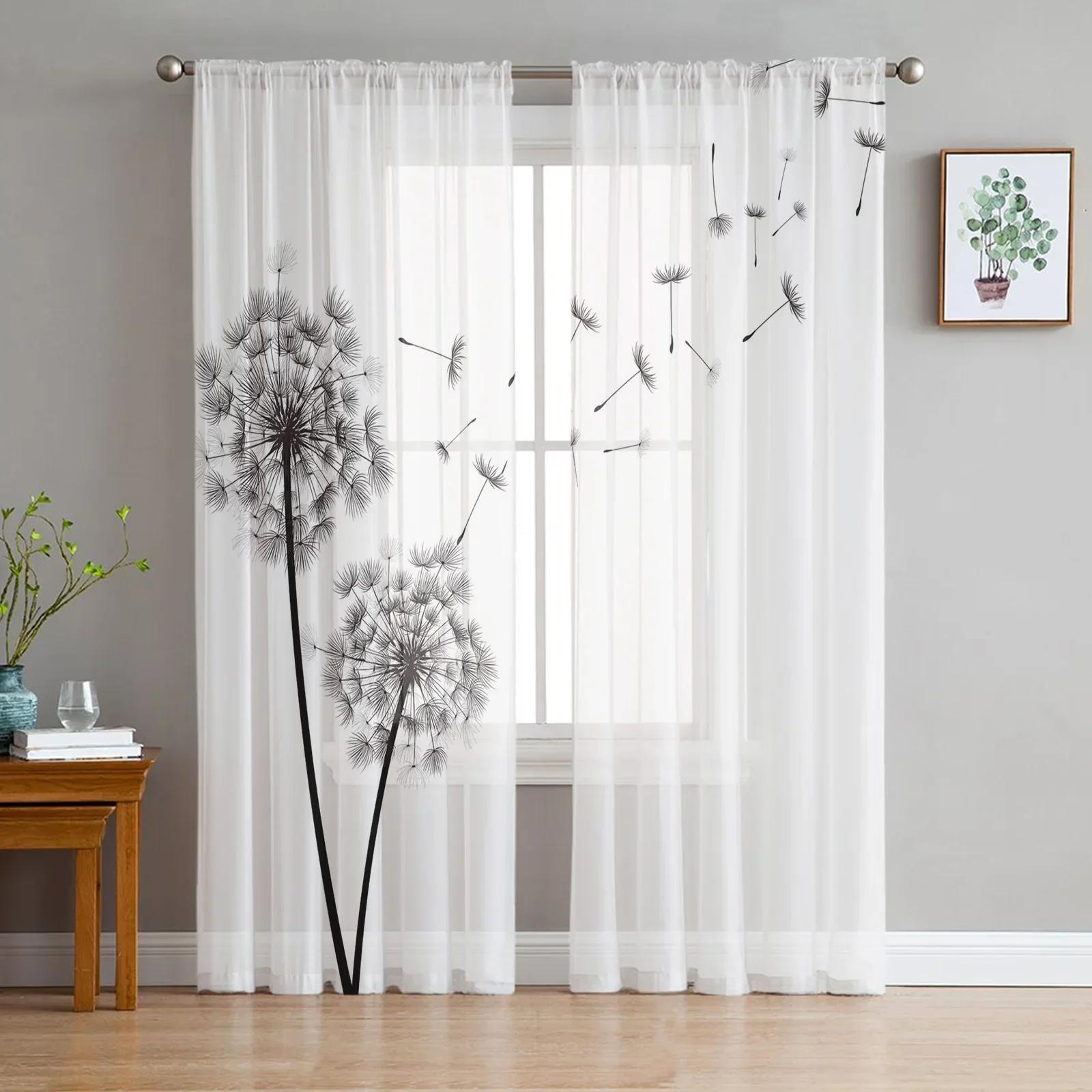 

Черно-белые одуванчики тюль занавески для окон гостиная органза прозрачная вуаль занавеска спальня кухня домашний декор драпировка W135 x H115cm x1&Grommet Top