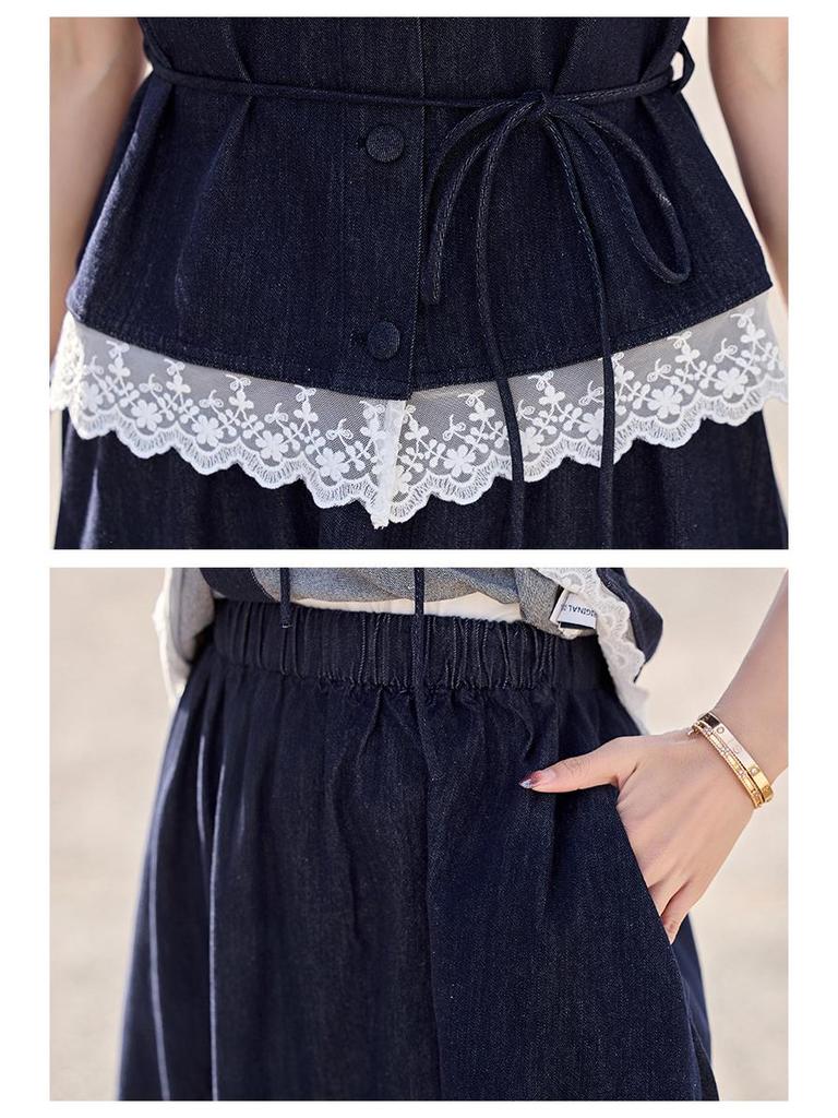 Chic 2025 Summer Denim Skirt Set: Slimming Vest & Midi Skirt for Women