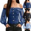 Womens Off Shoulder Denim Style Top Long Sheer Sleeve Button Front Casual Blouse Stretch Waistband