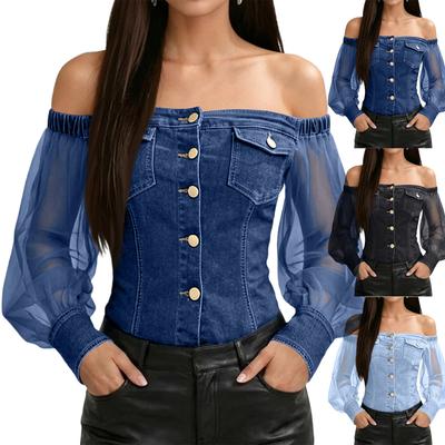 Dames Off Shoulder Denim Stijl Top Lange Doorzichtige Mouw Knopen aan de Voorkant Casual Blouse Elastische Tailleband