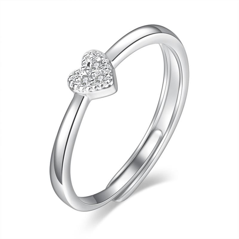Jin Yali Korean Heart-Shaped Diamond-Inlaid Open Silver Ring - 925 Copper Jewelry