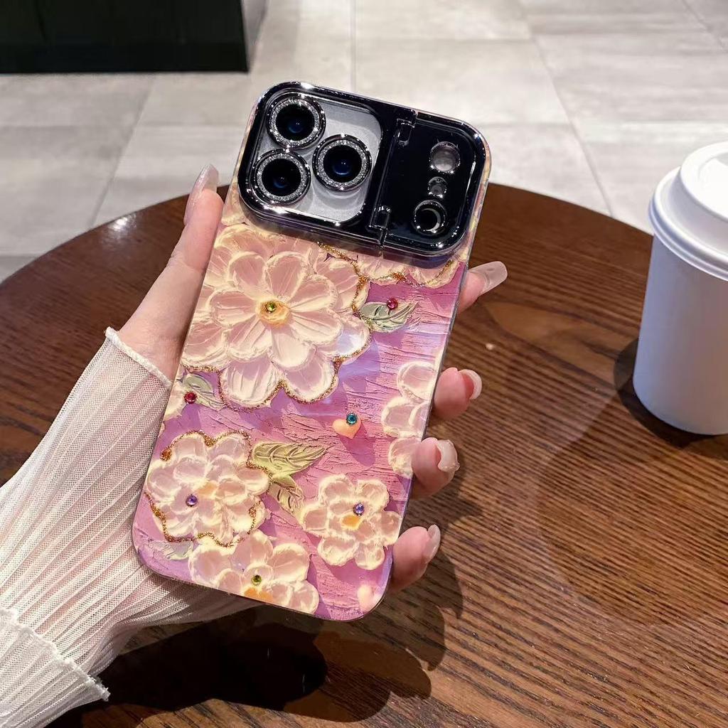 Blaues Blumen Schmetterling Ölmalerei Handyhülle mit Ständer für iPhone 17 Pro Max/16 Pro/15 Vollständige Abdeckung