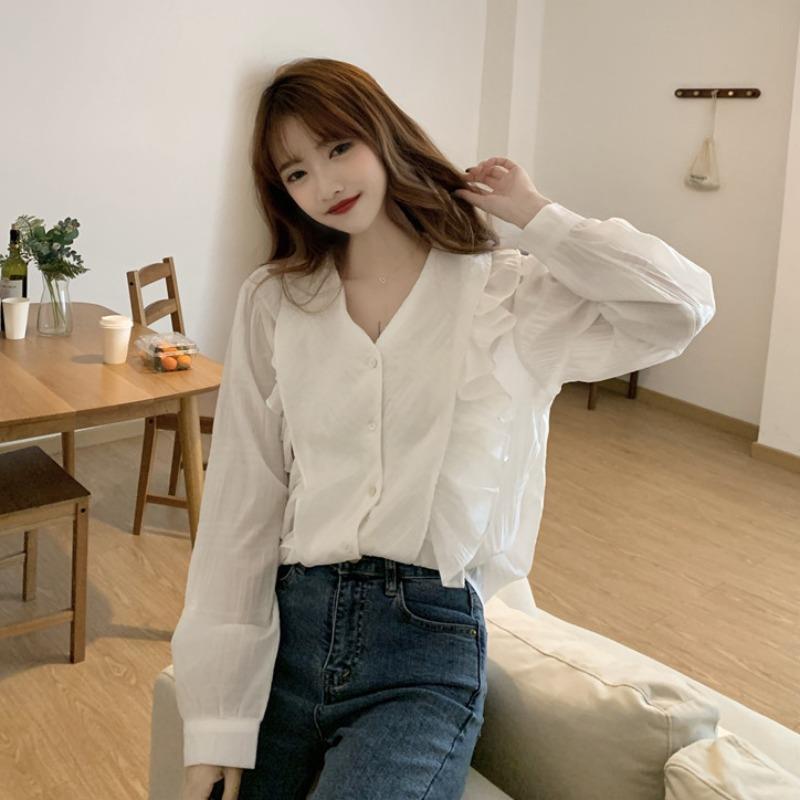 Women's Ruffled Solid Color Shirt V-neck Single Breasted Bubble Sleeve Pleated Ladies Blouses French Version Loose Casual Woman Top