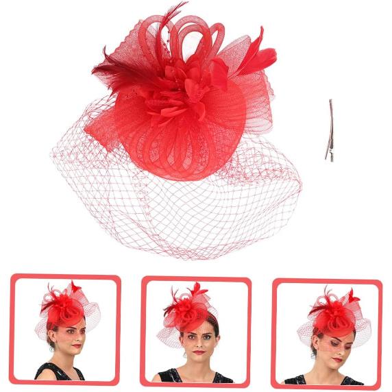 LIOOBO Fascinator Hat Headband with Mesh Plume Flower Detail Red Cocktail Tea Party Wedding Hat for Women and Special Occasion Accessories