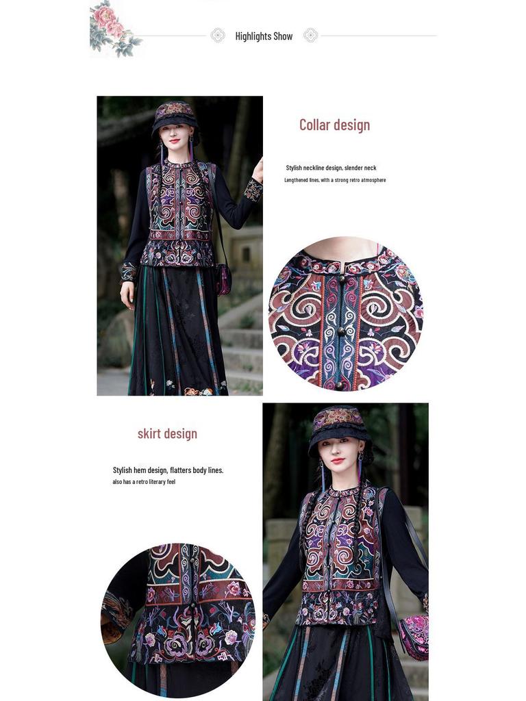Women's Autumn Ethnic Embroidered Chinese-Style Sleeveless Jacket with Stand Collar