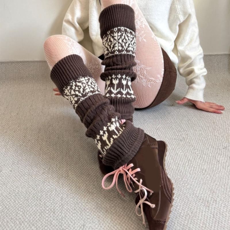 Sweet Christmas Leg Warmers Knitted Leg Sleeves Harajuku Long Leg Socks Winter Warm Boot Cuffs Toppers for Womens Girls