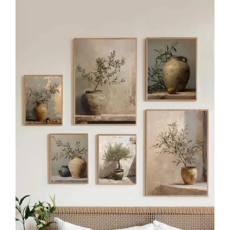 Vintage Minimalist Wall Art Italy Olive Tree In Vase Canvas Painting Poster Prints Still Life Botanical Antique Home Room Decor