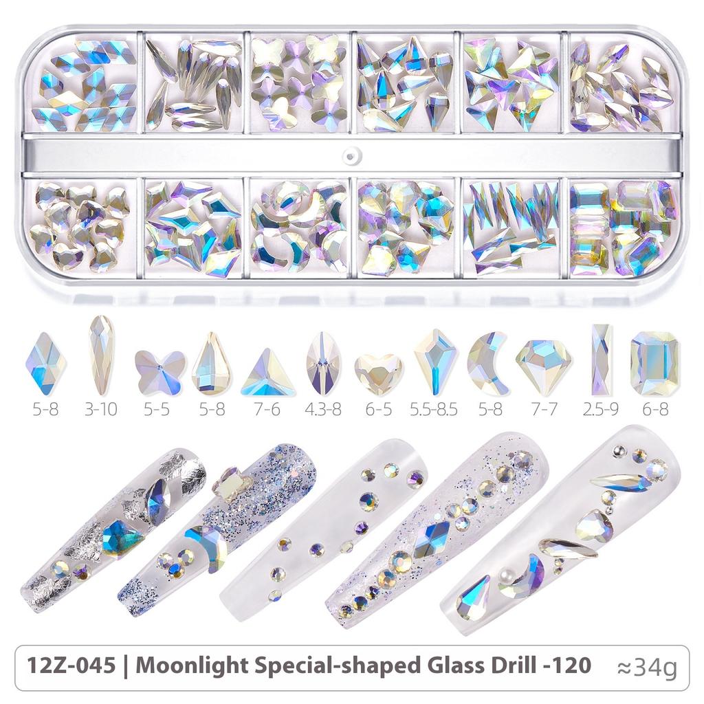 Broca para Nail Art 12 Compartimentos Strass Fundo Plano Broca Formato Especial Unha Vidro AB Aurora Transparente Broca Unha Conjunto de Joias para Nail Art