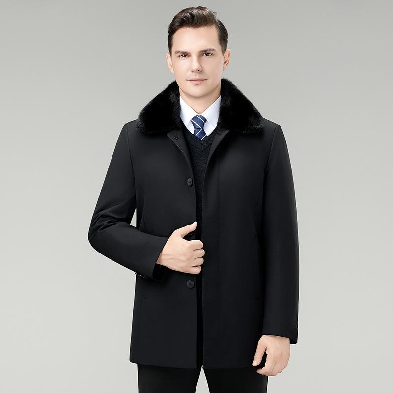 Men's Mink Fur Collar Down Jacket with Detachable Liner, White Duck Down, Autumn/Winter 2025, Middle-Aged Dad Cold Protection Coat.