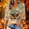 Women's Casual V-Neck Three-Quarter Sleeve Halloween Print Top