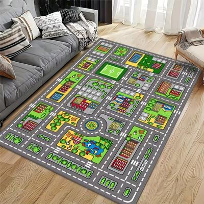 Cute Cartoon Kids Play Mat with Racing Track City Road Amusement Park Elements Designs Soft Educational Decorative Carpet