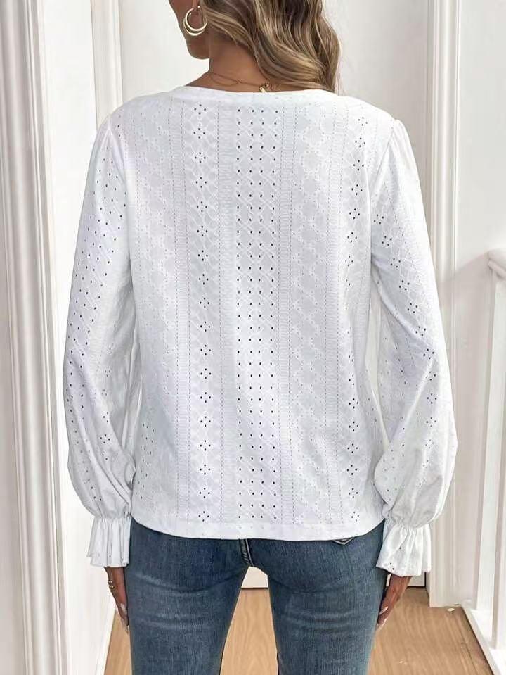 Women's V-Neck Long Sleeve Top with Decorative Buckle - Solid Color, Perfect for Spring & Summer Casual Wear.