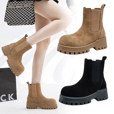 Leather Thick-soled Heightening Cigarette Boots Women's 2025 Autumn New Niche Design Casual Brown Martin Big Boots
